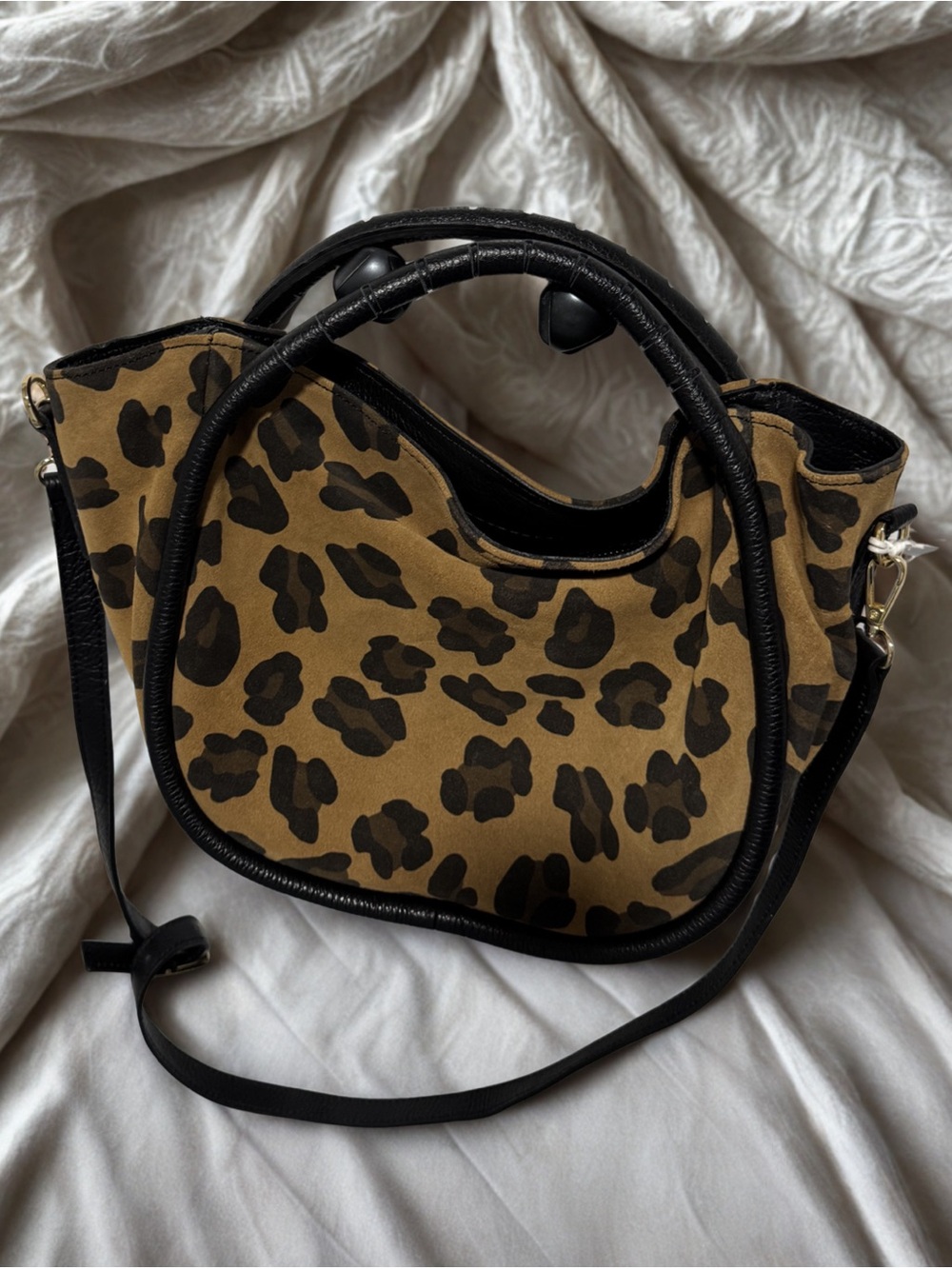 Leopard Print Circle-Handle Shoulder Bag - Brown